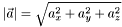 $ | \vec{a} | = \sqrt{a_x^2 + a_y^2 + a_z^2}$